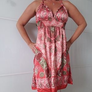 Red Paisley Satin Studded Rhinestone Flare Dress